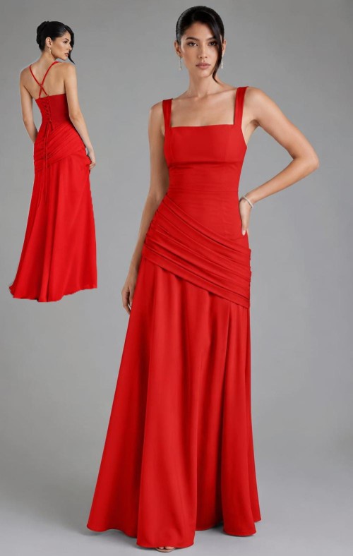 VESTIDO ROJO DE GASA DRAPEADO EN LA CADERA