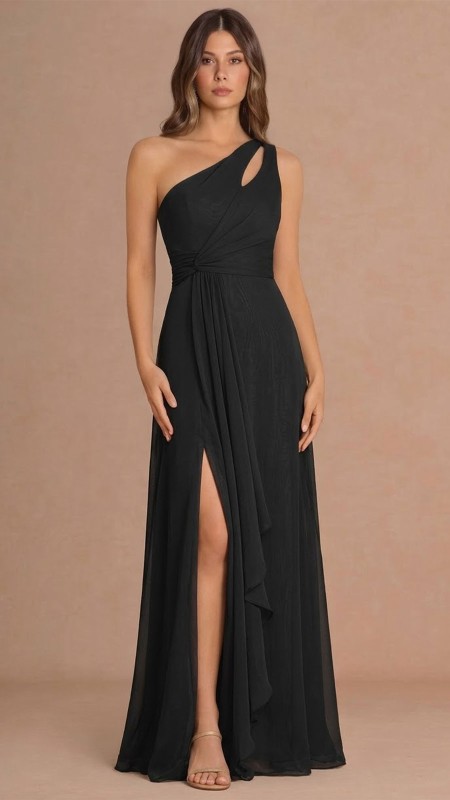 VESTIDO NEGRO ASIMETRICO DE GASA
