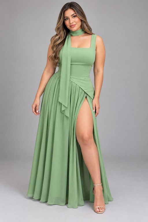 VESTIDO VERDE PISTACHO CON CHALL DE GASA