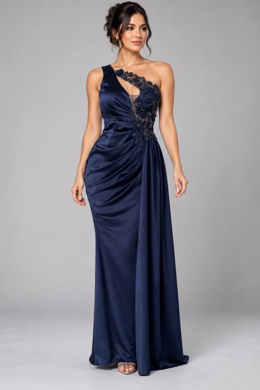 VESTIDO AZUL MARINO SATIN ASIMETRICO