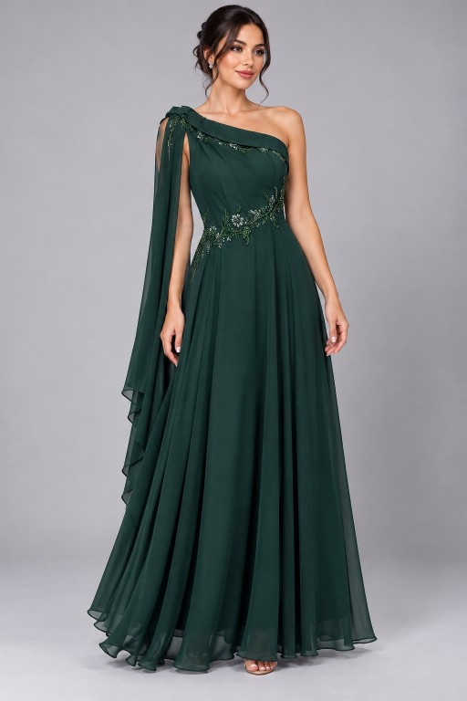 VESTIDO VERDE OSCURO CON CAPA DE GASA