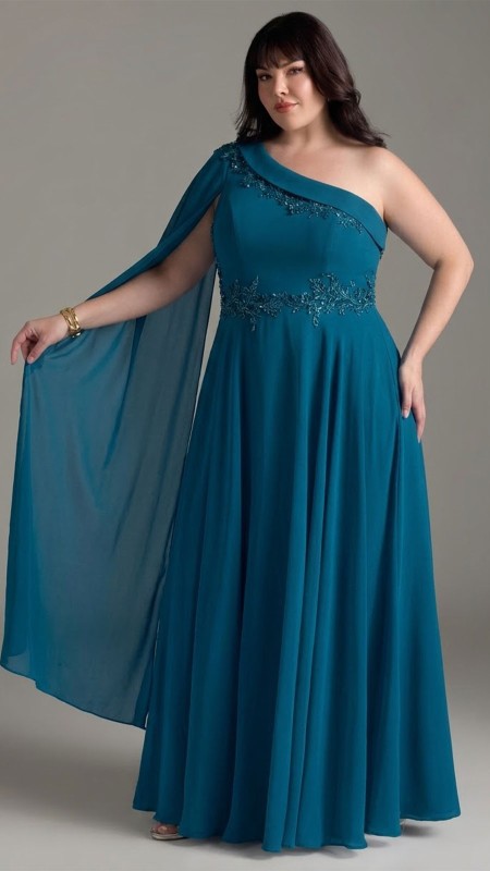 VESTIDO AZUL PETROLEO ASIMETRICO CON VOLADO BORDADO CINTURA