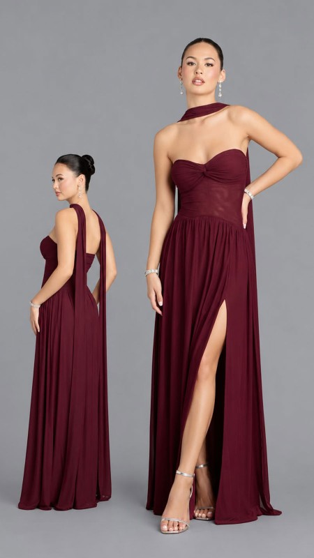 VESTIDO GUINDO STRAPLES MALLA TRANPARENCIA CINTURA Y CHALL