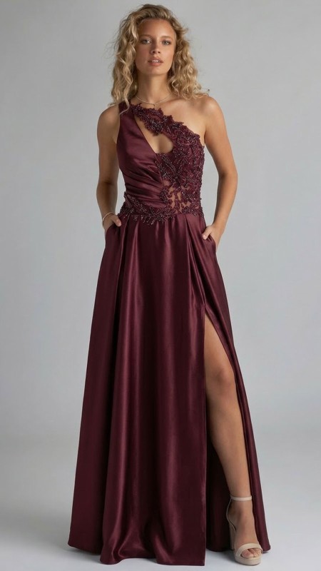 VESTIDO GUINDO SATINADO CORTE A ASIMETRICO ENCAJE ARRIBA