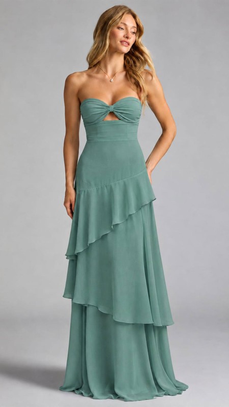 VESTIDO VERDE STRAPLES CON VOLADO EN LA PARTE INFERIOR