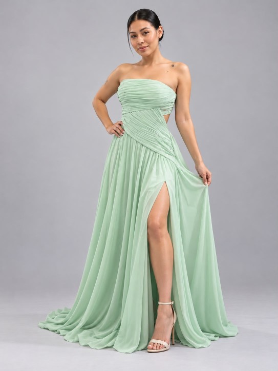 VESTIDO STRAPLESS, VERDE AGUA CON ABERTURA