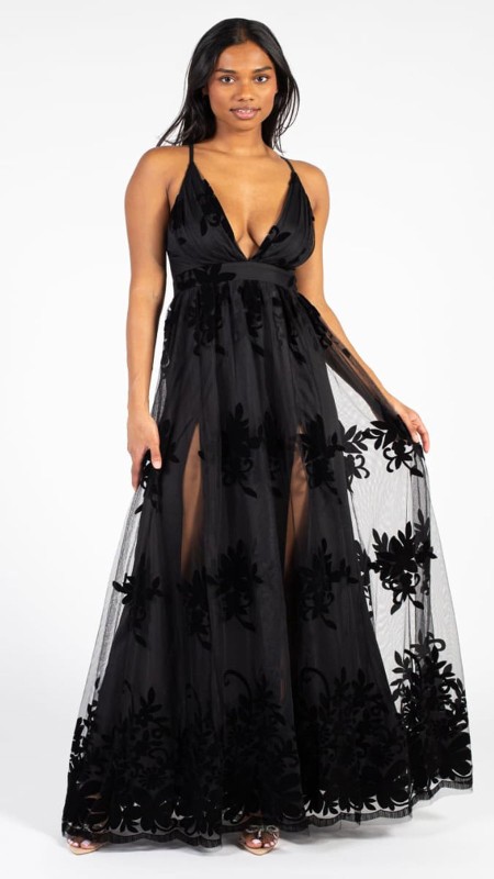 VESTIDO NEGRO CON TULL FLOREADO