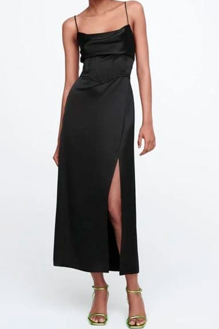 VESTIDO NEGRO SATIN  CORTE A