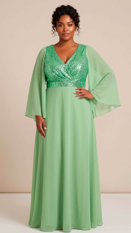 VESTIDO VERDE PISTACHO CON LENTEJUELAS Y MANGAS