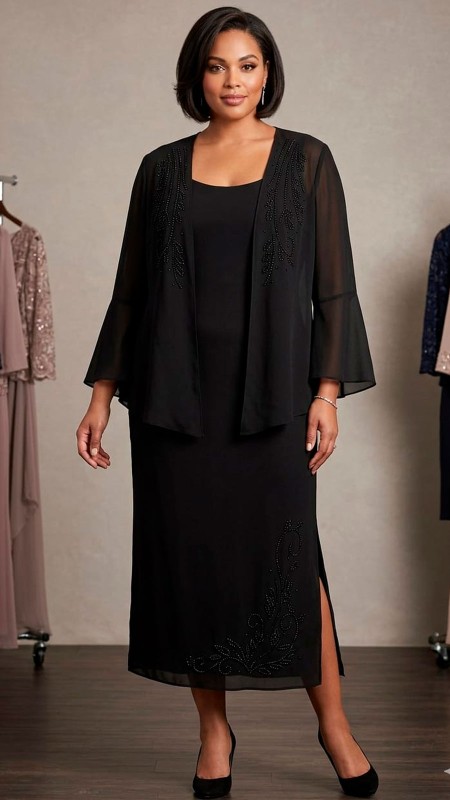 VESTIDO NEGRO DE TIRO CON SACO DE GASA