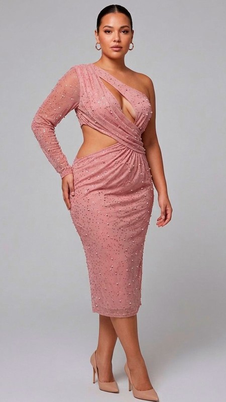 VESTIDO ROSADO ASIMETRICO DE MANGA LARGA CON PERLAS Y LENTEJUELAS