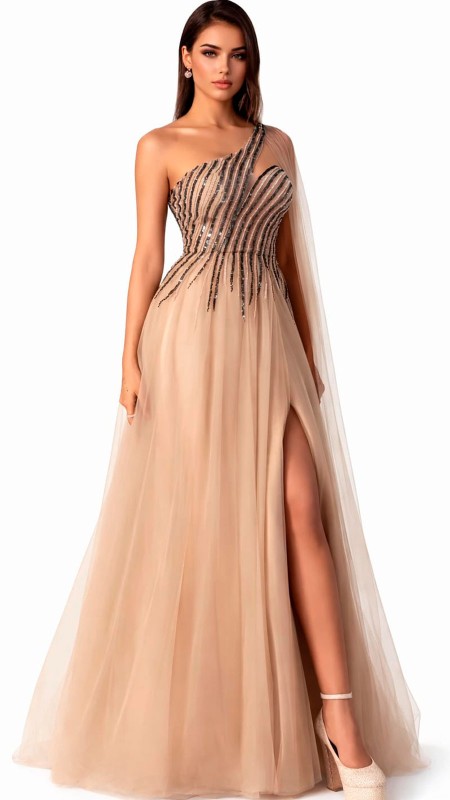 VESTIDO COLOR NUDE CON CANUTILLO NEGRO POMPOSO