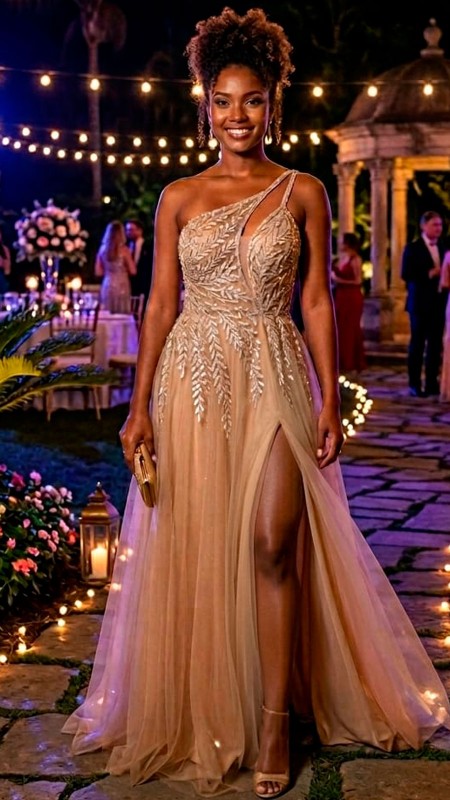 VESTIDO CHAMPANG ASIMETRICO  POMPOSO