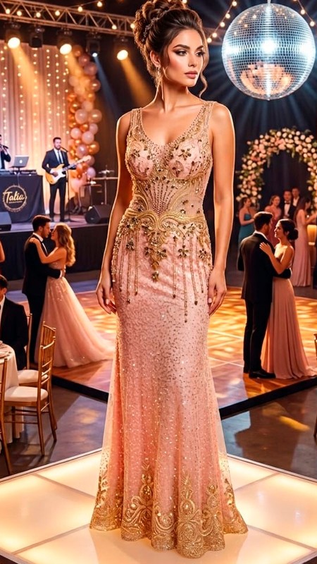 VESTIDO ROSADO BAJITO CON PIEDRAS Y BRILLOS