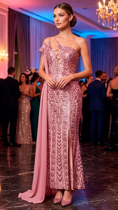VESTIDO ROSADO ASIMETRICO CON CAPA Y BRILLOS