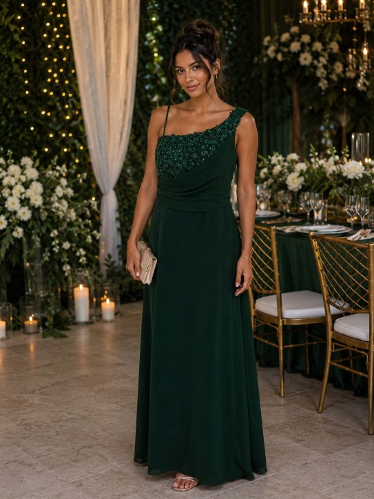 VESTIDO VERDE OSCURO ASIMETRICO CON BRILLOS