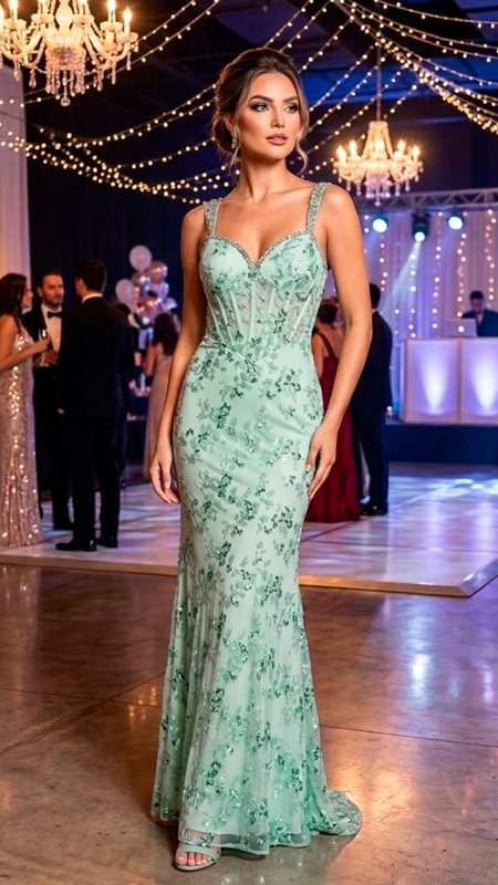 VESTIDO VERDE AGUA CON PIEDRAS DE TIROS